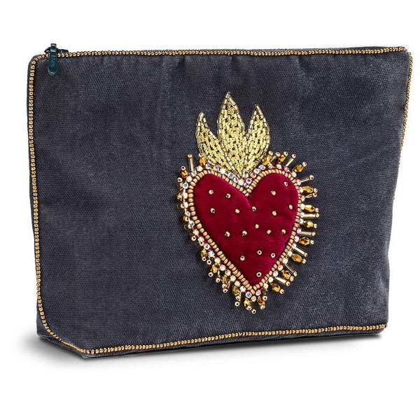 Large Velvet Pouch with Beaded 3D Heart