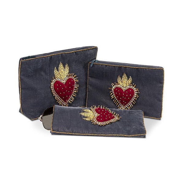 Large Velvet Pouch with Beaded 3D Heart